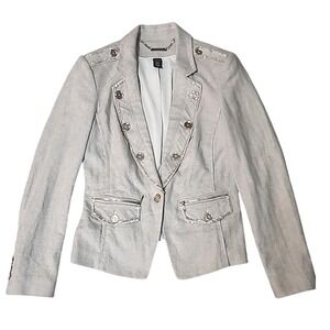 WHBM Linen Blend Blazer 4‎ Beige Herringbone Gold Buttons Neutral Office Work